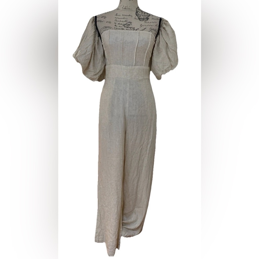 Commense Linen Blend Puff Sleeve Khaki Off-Shoulder Jumpsuit Size Medium